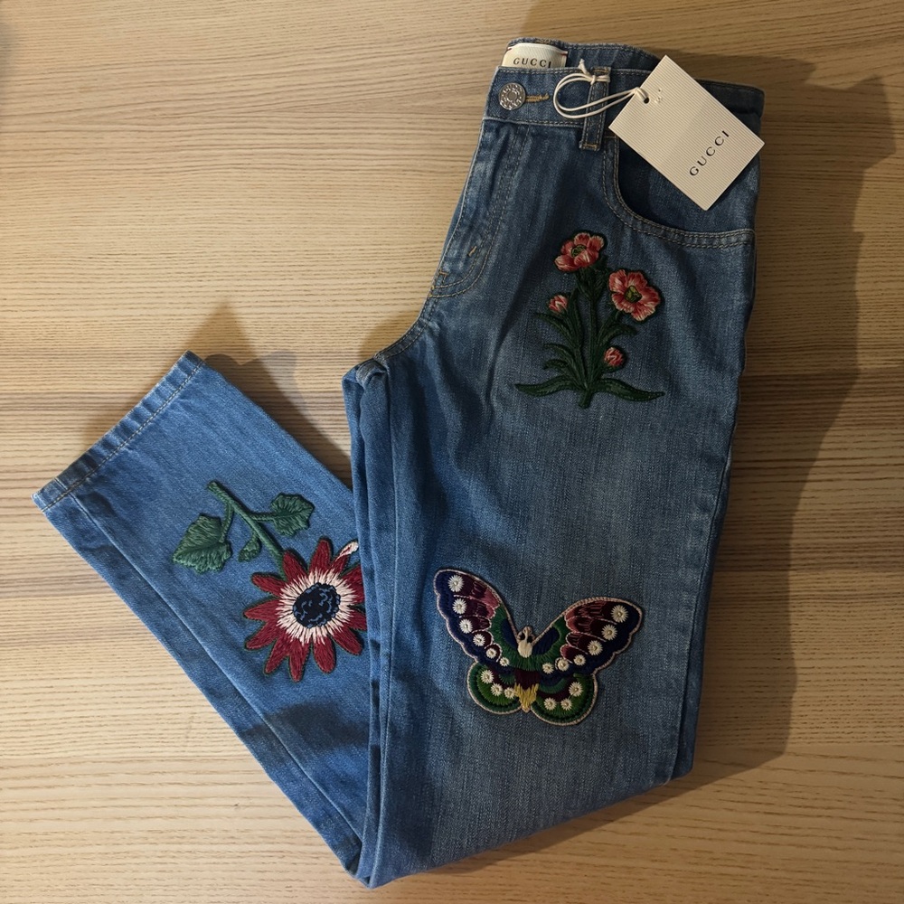 Gucci Blue Denim Jeans with Multicolor Floral & Butterfly Embroidery - Picture 2 of 5